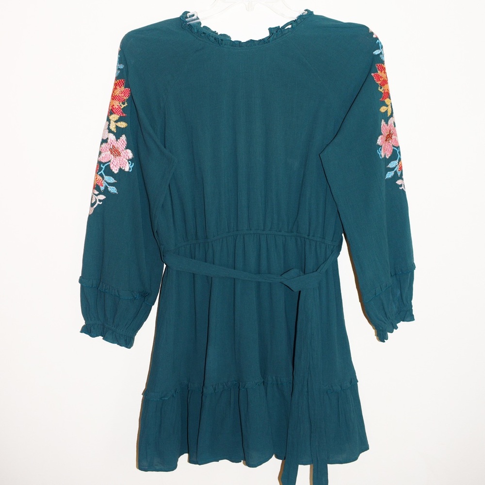 Boutique Teal Floral Embroidered Sleeve Dress
